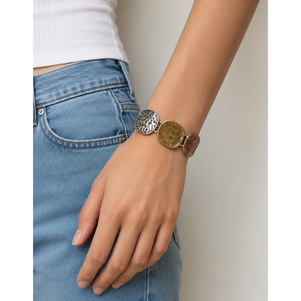 Hammered Two Tone Silver &‎ Brass Gunmetal Stretchy Bangle Bracelet